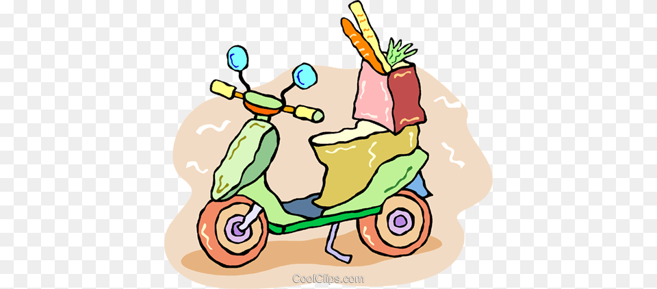 Motor Scooter With A Bag Of Groceries Royalty Vector Clip Art, Transportation, Vehicle, Baby, Person Png Image