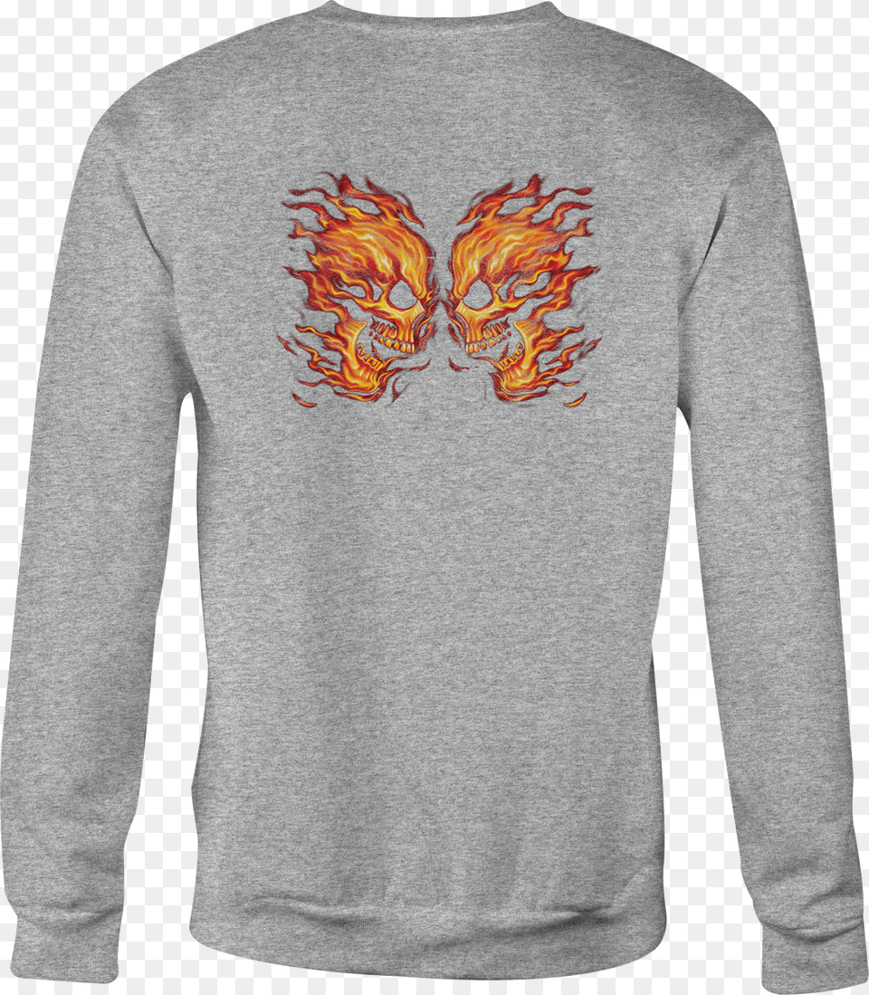 Motorcycle Crewneck Sweatshirt Flaming Fiery Skull Long Sleeved T Shirt, Person, Face, Head, Toy Png Image