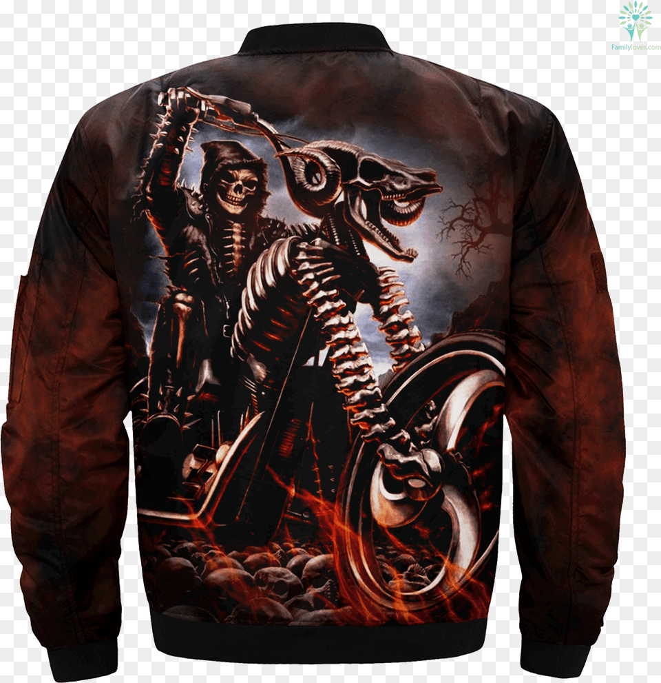 Motorcycle Skeleton Over Print Jacket Tag Familyloves Motorcycle, Clothing, Coat, Person, Man Free Png