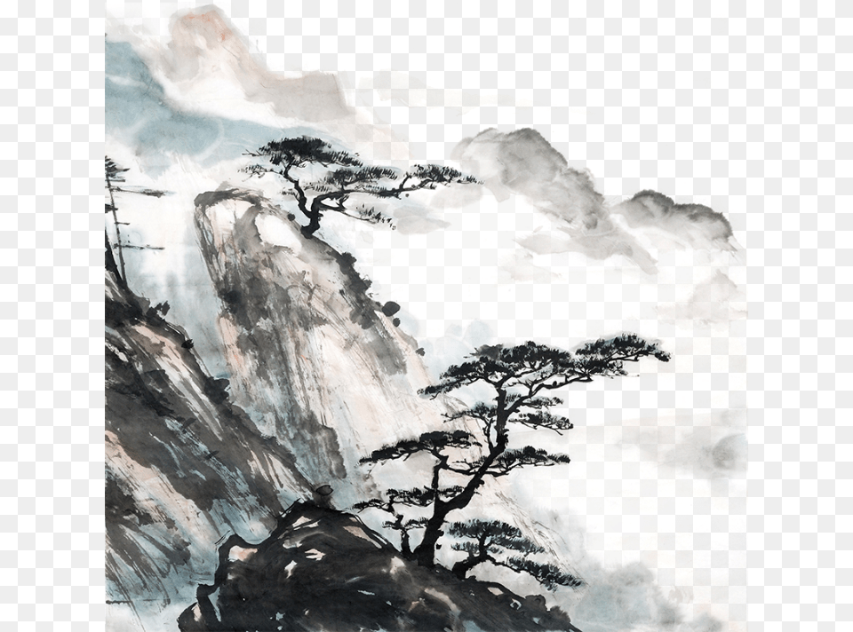 Mountain Landscape Nature Clouds Fog Trees Sky Ftestick Chinese Landscape Paintings Elements, Painting, Art, Outdoors, Tree Png Image
