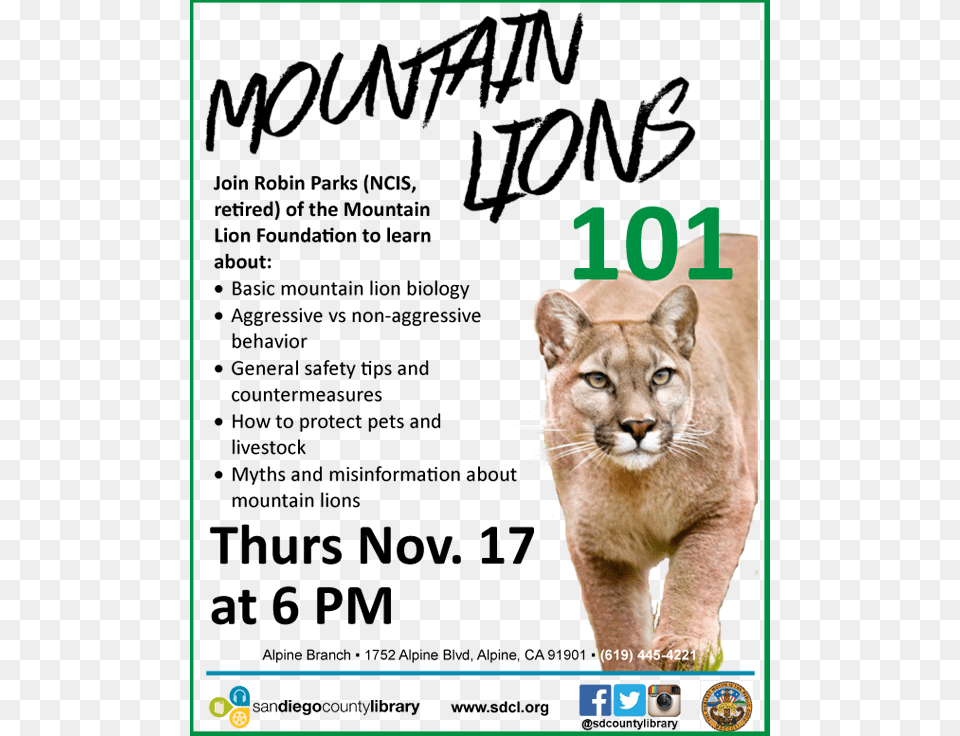 Mountain Lion Talk Mountain Lion Alpine, Advertisement, Poster, Animal, Wildlife Free Png