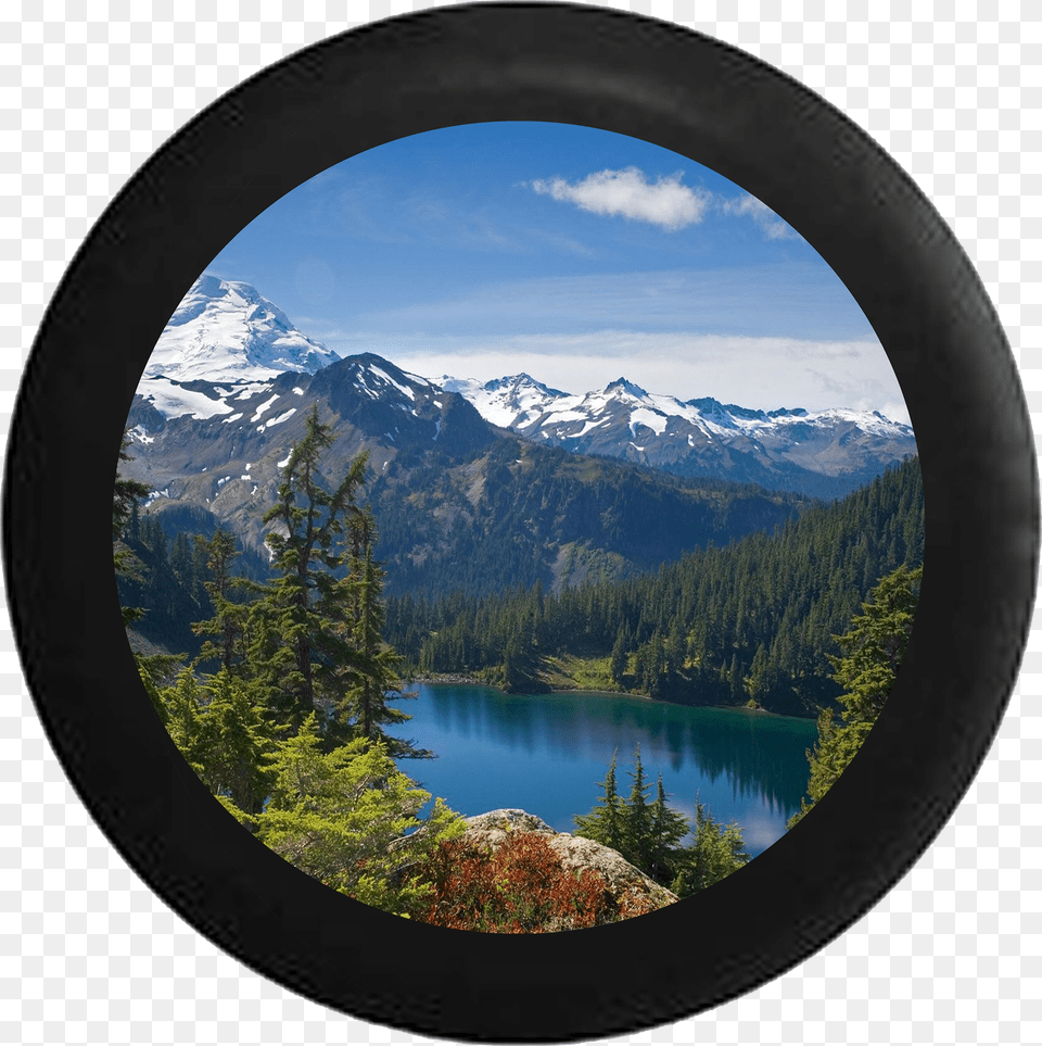 Mountain Range Pine Forest Calm Lake Snow Capped Jeep Png Image