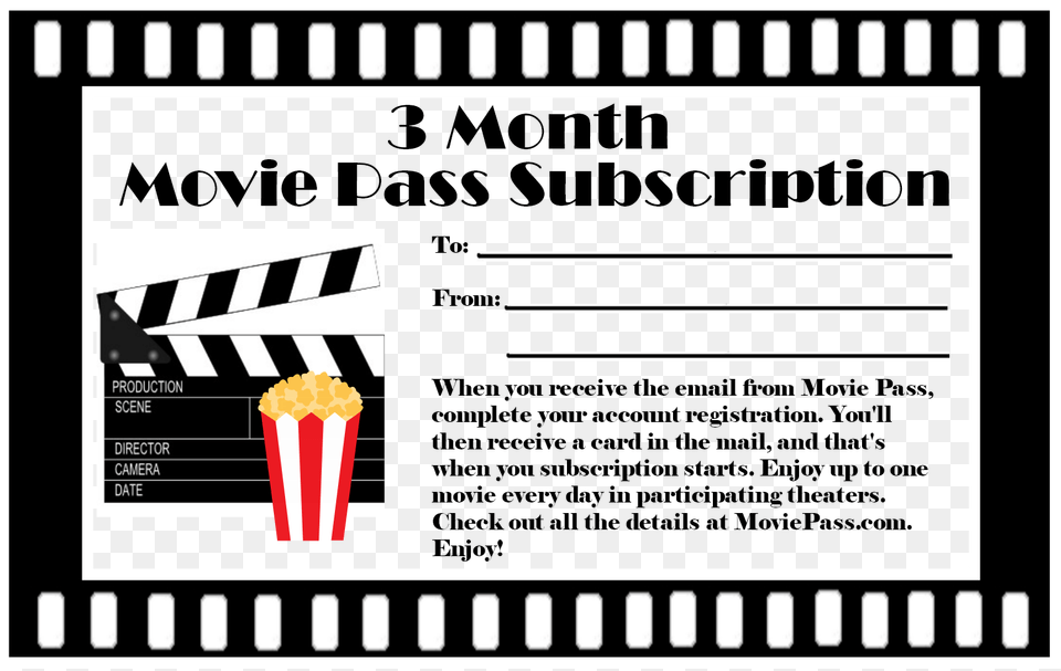 Movie Pass Subscription Gift Certificate Free Printable Film Strip Transparent Background, Clapperboard, Text Png Image