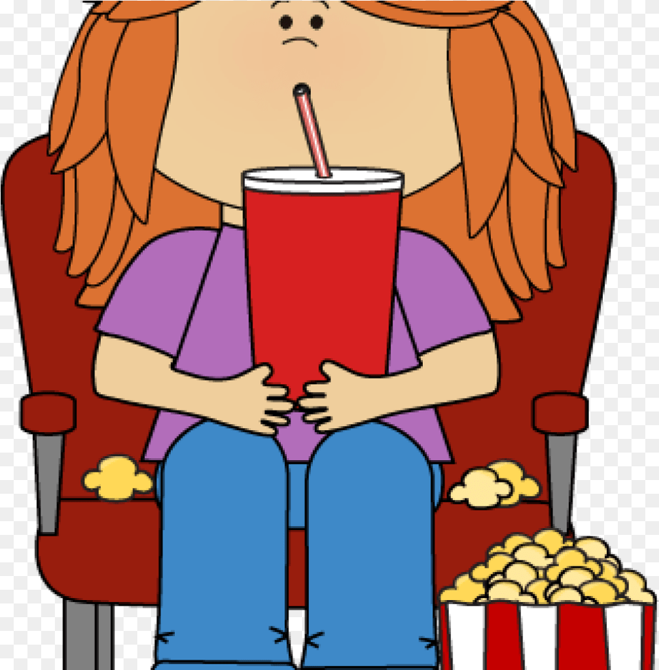 Movie Theater Clip Art Girl In Movie Theater With Movie Watching A Movie Cartoon, Beverage, Juice, Baby, Person Free Png Download