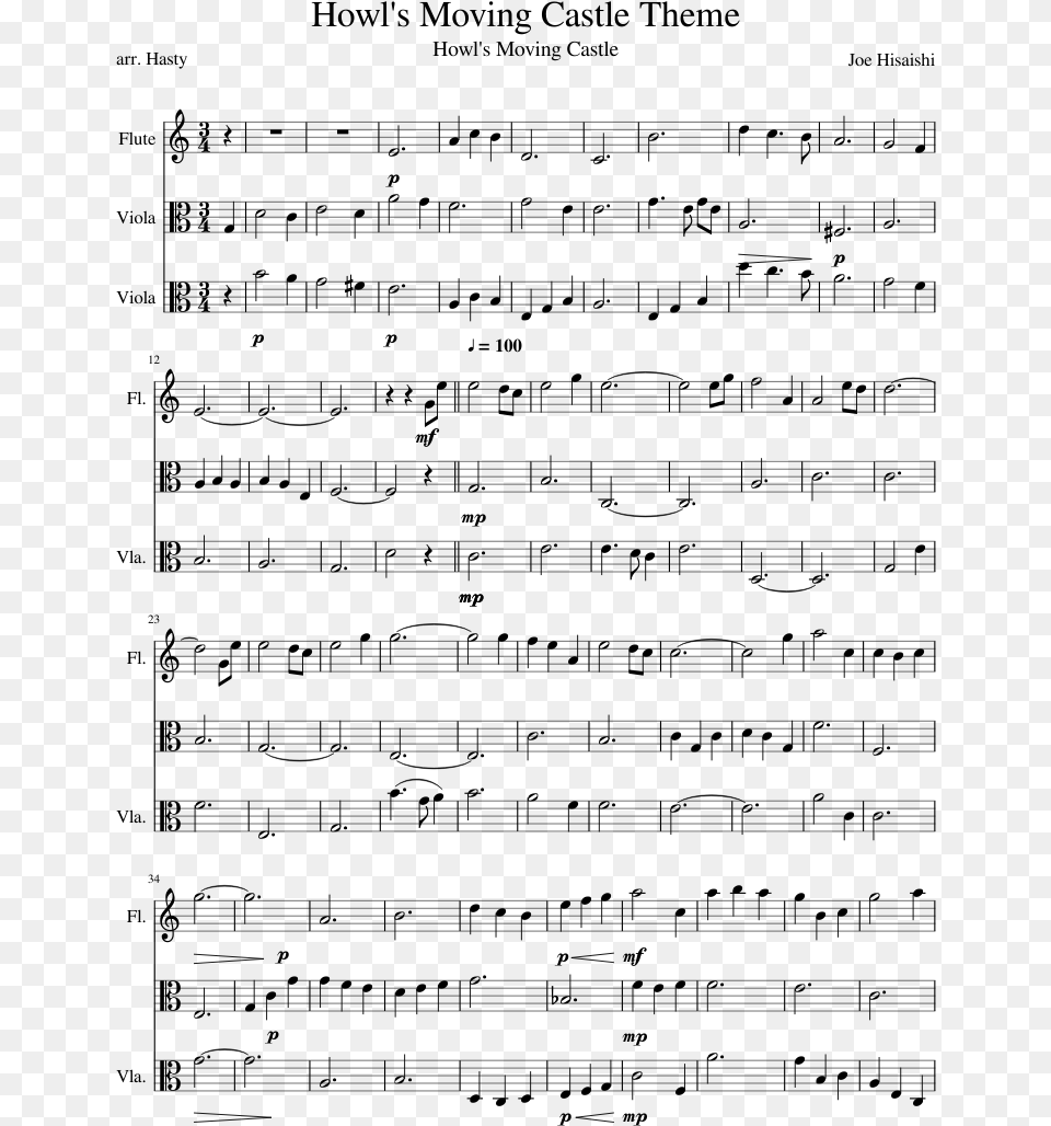 Moving Castle Theme Sheet Music Composed By Violin, Gray Free Transparent Png