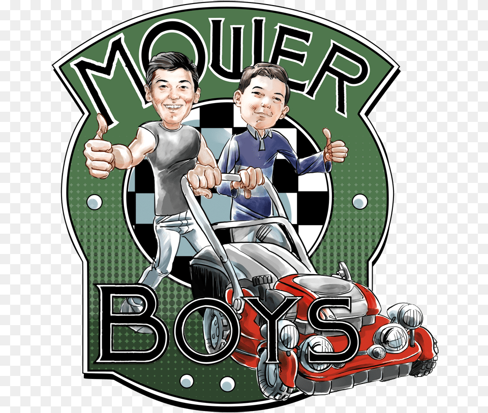Mower Boys Retro Logo With Caricature Caricature, Lawn, Plant, Grass, Person Png
