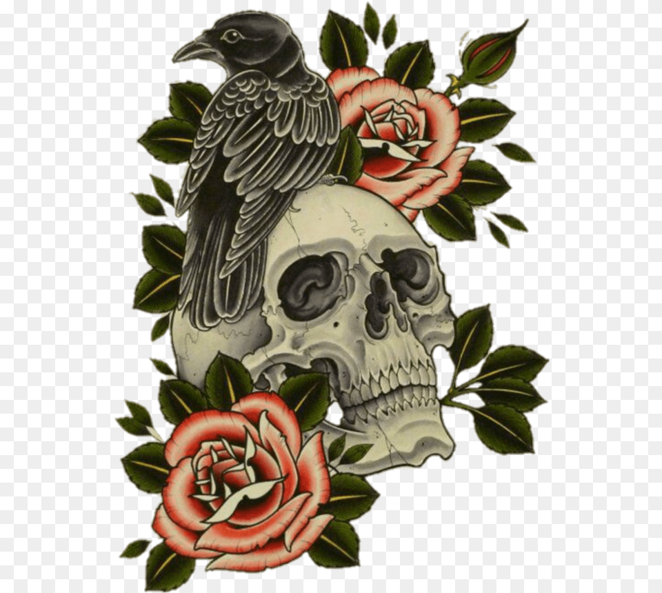 Mq Crow Skull Skulls Roses Skull With Flowers Tattoo, Flower, Plant, Rose, Animal Free Png Download
