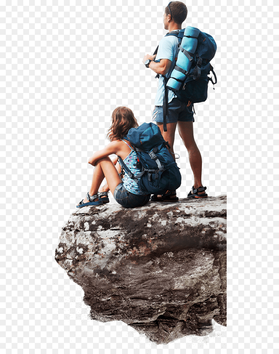 Mq Stone Mountain Nature Landscape Man Woman Trekking, Bag, Adult, Backpack, Shorts Png Image