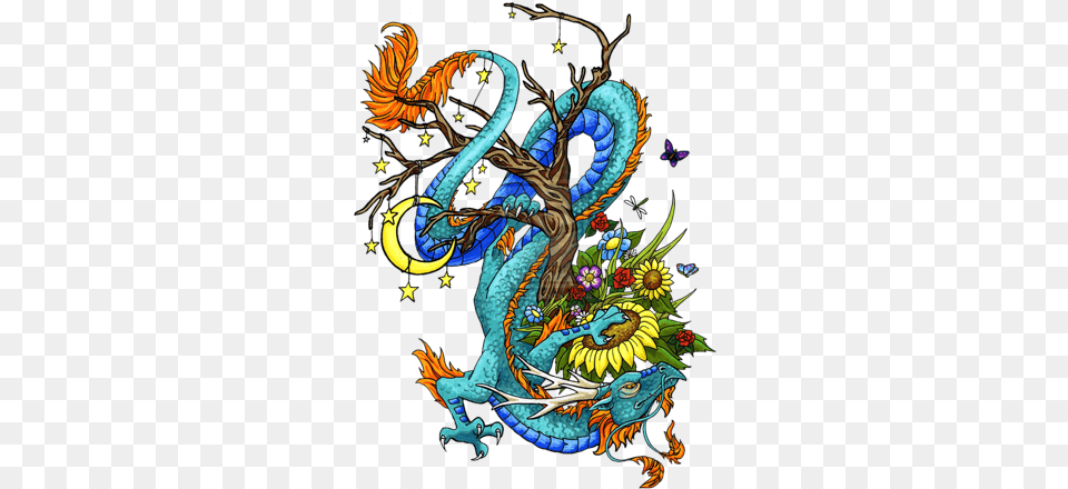 Multicolor Asian Dragon With Flowers And Moon Tattoo Design Dragon Tattoo Designs Png