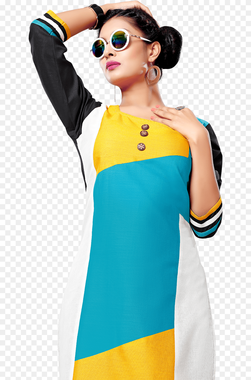 Multicoloured Cotton Straight Kurti Cosplay, Accessories, Sunglasses, Person, Female Png