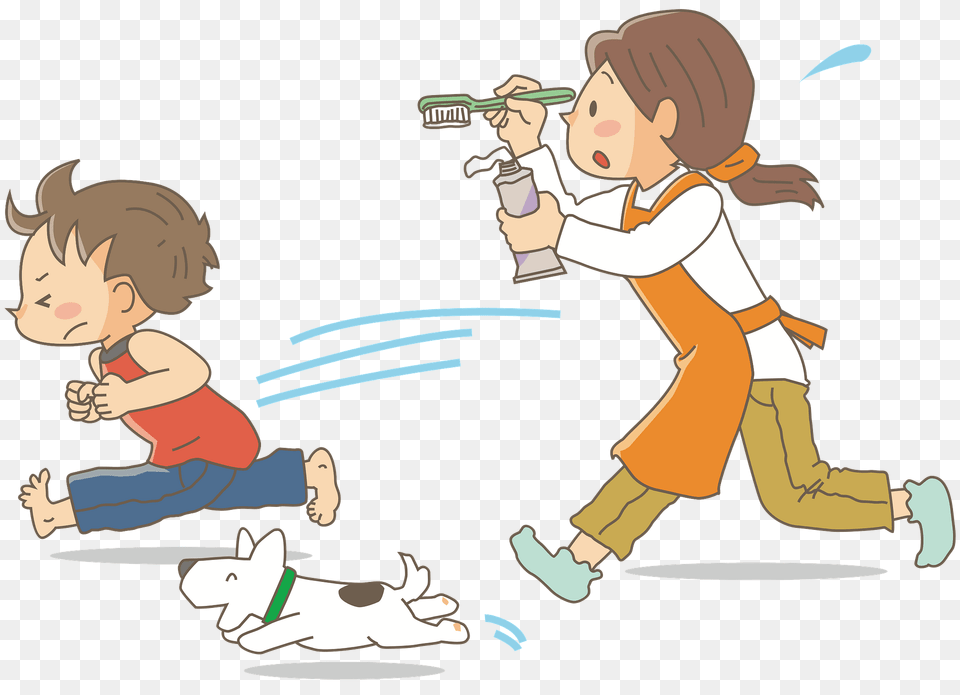 Mum Chasing A Boy To Brush His Teeth Clipart, Baby, Person, Book, Comics Png
