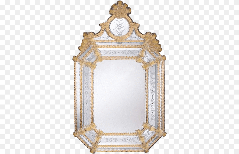 Murano Venetian Octagonal Mirror With Gold Border And Motif Crowned Top, Photography Png Image