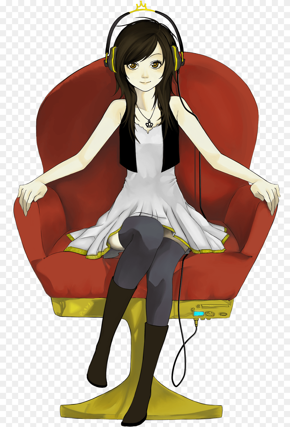 Music Anime Girl Cartoon Girl Sitting In A Chair, Book, Publication, Comics, Furniture Free Png Download