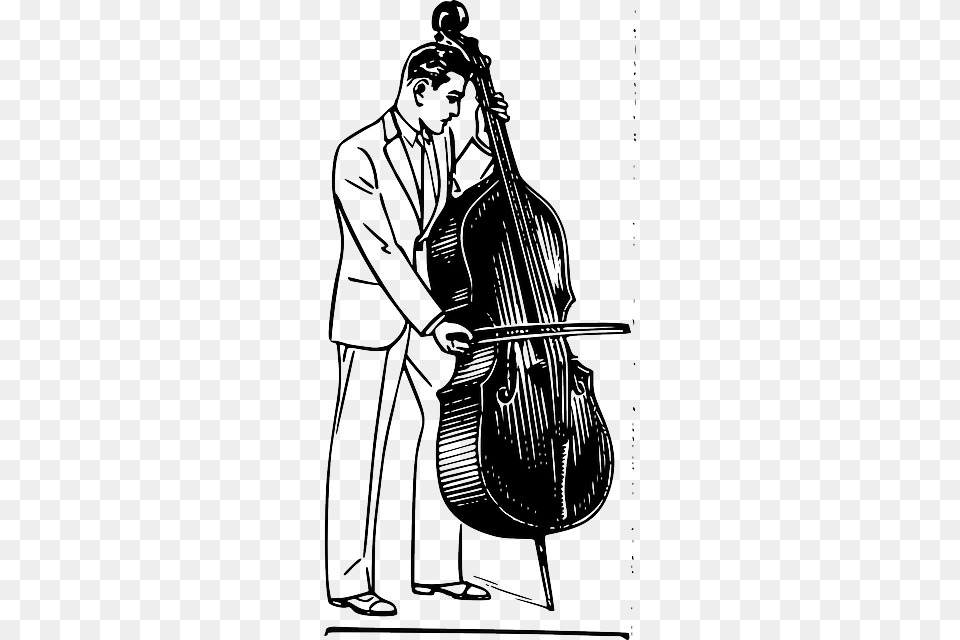 Music Man Person Bass Playing Instrument Musician Double Bass Clipart Black And White, Cello, Musical Instrument, Adult, Male Png