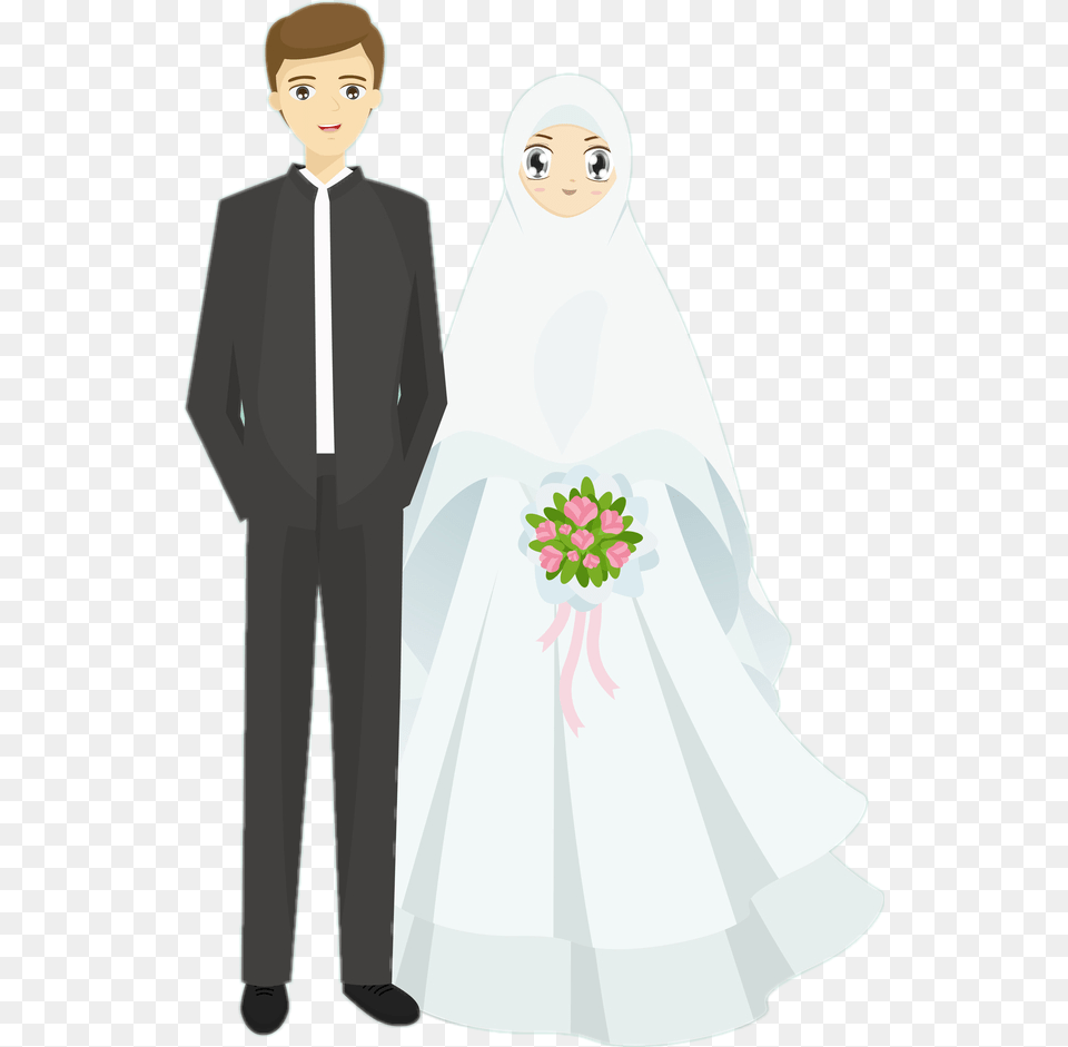 Muslimcouple Cartoon Hijab Wedding Couple, Formal Wear, Fashion, Dress, Clothing Free Png Download