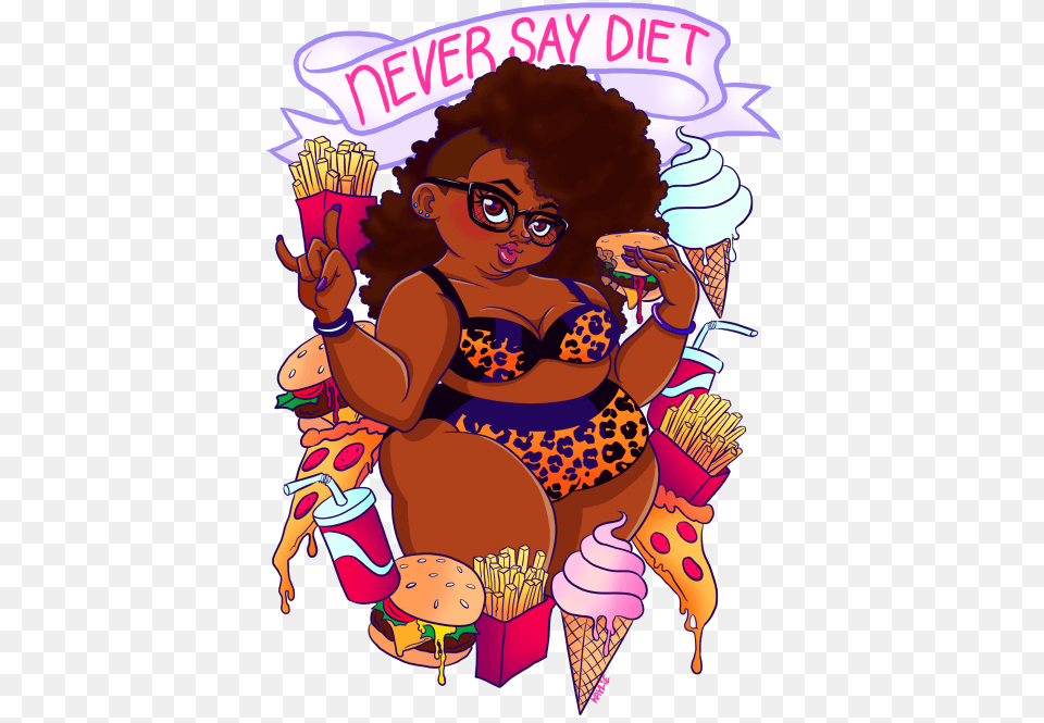 My Art Fat Tattoo Pizza Banner Pin Up Fries Junk Food Fat Black Girl Cartoon, Book, Comics, Publication, Baby Free Transparent Png