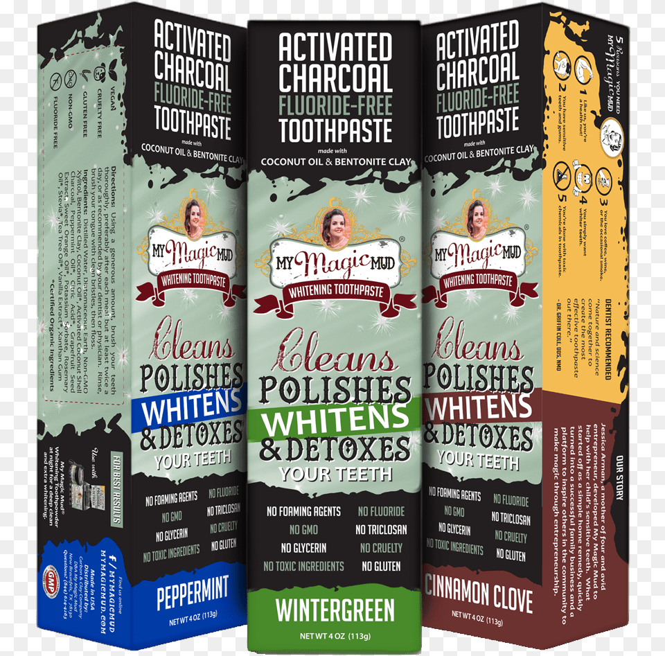 My Magic Mud Charcoal Whitening Toothpastes Two Farm My Magic Mud Whitening Toothpaste, Advertisement, Poster, Person, Head Free Png
