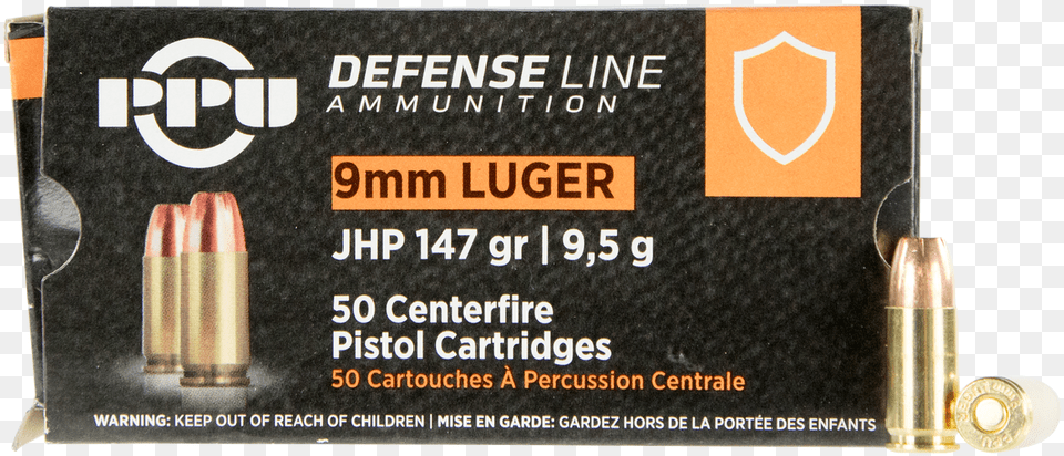 N 147 Grain Jacketed Hollow Point Ppu Luger 9mm Ammo, Ammunition, Weapon, Bullet Png Image