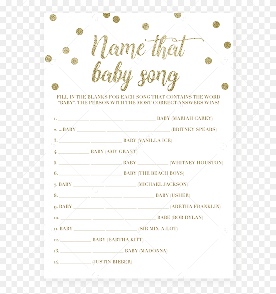 Name That Song Baby Shower Game Gold Confetti By Littlesizzle Song, Text, Menu Png