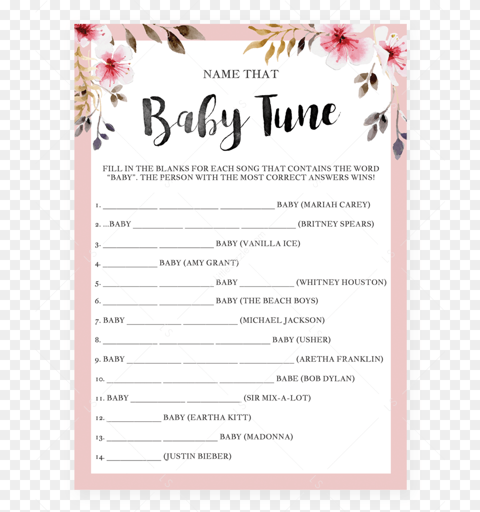 Name That Tune Baby Shower Game With Pink Flowers By Would She Rather Baby Shower Game, Text, Menu Free Png
