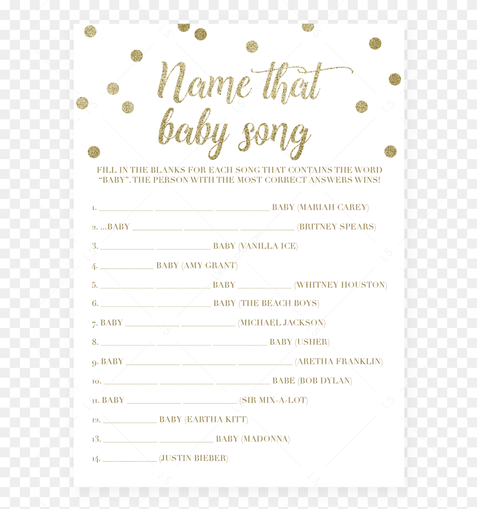 Name The Baby Song Shower Game With Gold Confetti Document, Text, Page, Menu Free Png Download