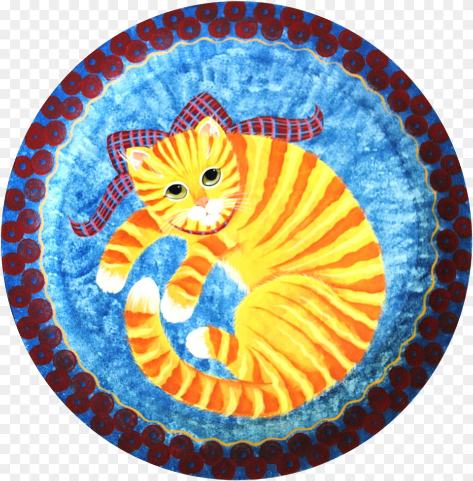 Nancy Albro Folk Art Americana Orange Cat Painted Wood Tray Circle, Blackboard Png Image