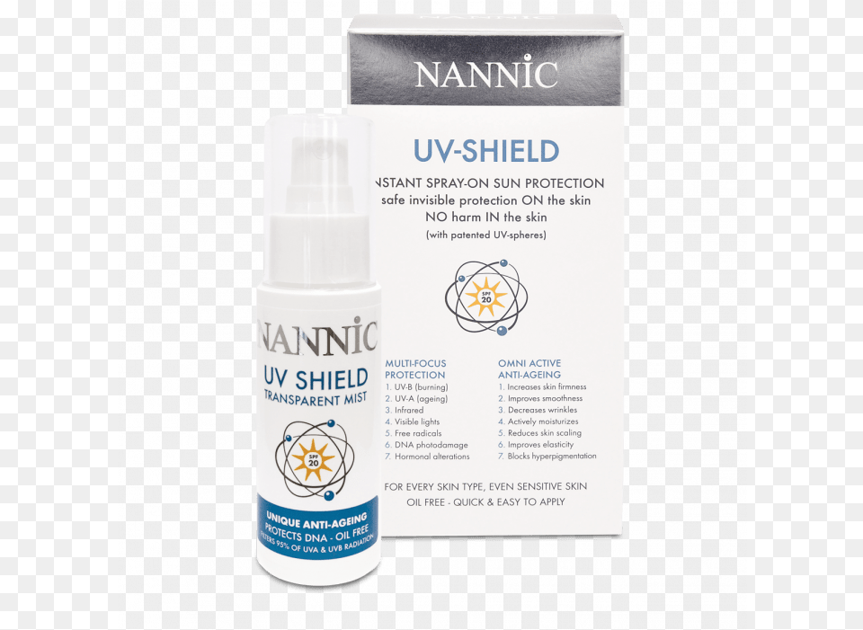 Nannic Uv Shield Mist Spray Nannic Uv Spray, Bottle, Cosmetics, Sunscreen, Beverage Free Png