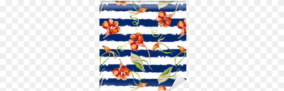 Nasturium On The Striped Nautical Background Watercolor Painting, Art, Floral Design, Graphics, Pattern Free Png Download