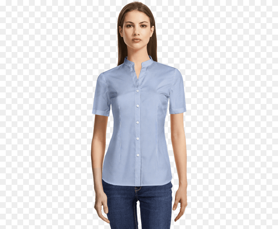 Navy Blue Micropattern Short Sleeved Banded Collar Camisa De Mujer Cuello Mao, Blouse, Clothing, Shirt, Shorts Free Png