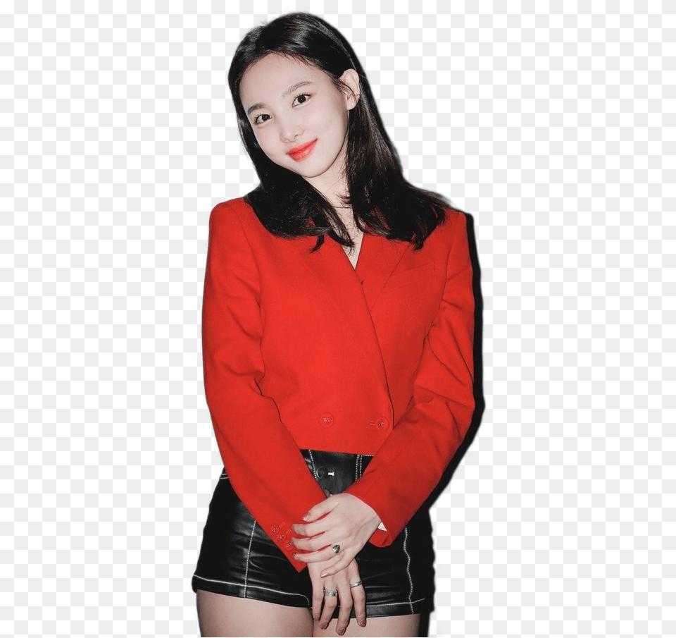 Nayeon Twice Kpop Cute Red Black Smile Shadow Nayeon Twice, Adult, Person, Jacket, Woman Free Transparent Png