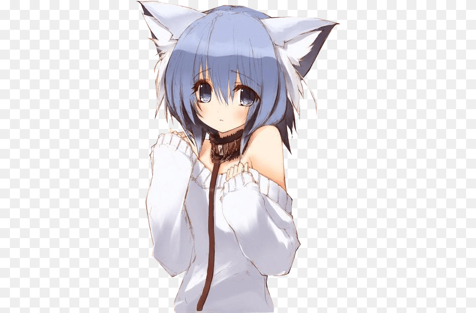 Neko Girl Library Anime Cat Girls With Blue Hair, Book, Comics, Manga, Publication Free Png Download