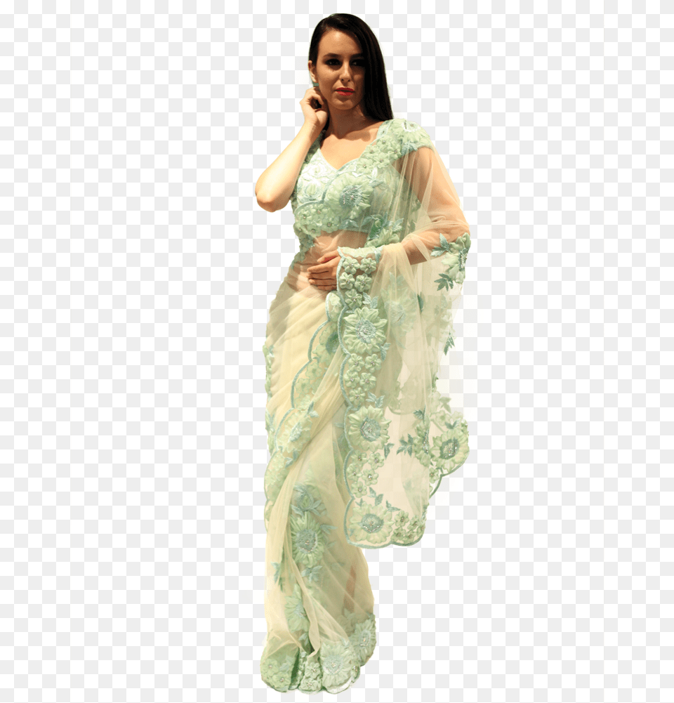 Net Green Saree Sari, Adult, Person, Formal Wear, Female Free Transparent Png