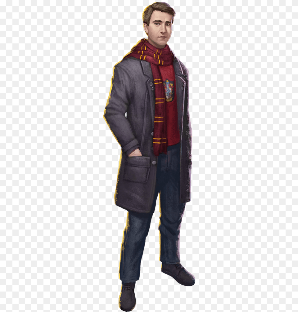 Neville Wearing A Red Shirt And Long Coat With A Gryffindor Pocket, Clothing, Jacket, Adult, Person Free Png Download