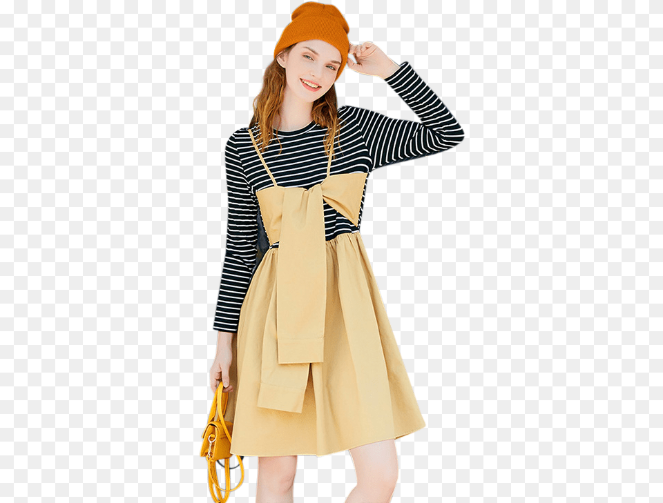 New Design Women Fake Two Striped Dress T Shirt Clothing Costume, Accessories, Bag, Hat, Handbag Png