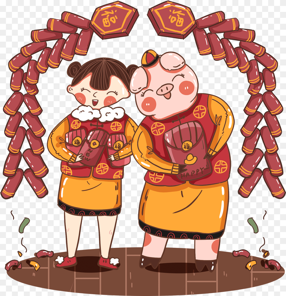 New Year Girl Pig Red And Psd Illustration, Book, Comics, Publication, Baby Free Transparent Png