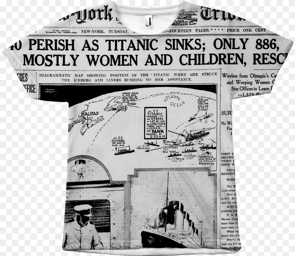 Newspaper Shirt Titanic V1 Egoteest Primary Source Of The Titanic, T-shirt, Clothing, Adult, Person Png