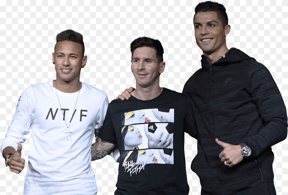 Neymar Lionel Messi U0026 Cristiano Ronaldo Football Render Messi Neymar Ronaldo, Long Sleeve, T-shirt, People, Clothing Png Image