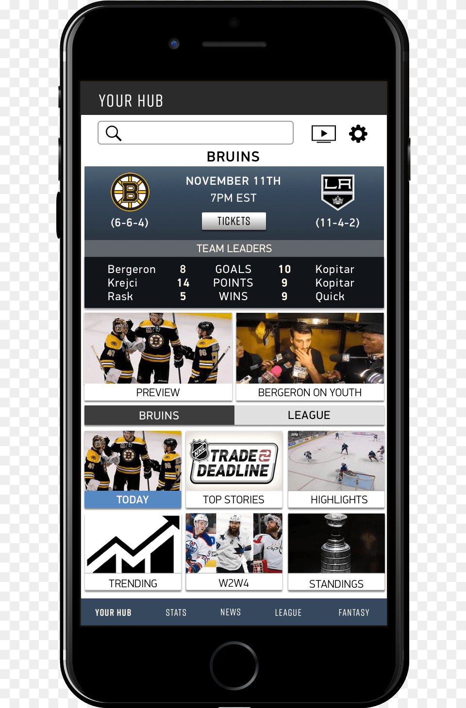 Nhl App My Hub Today Bruins Smartphone, Electronics, Phone, Mobile Phone, Person Free Png Download