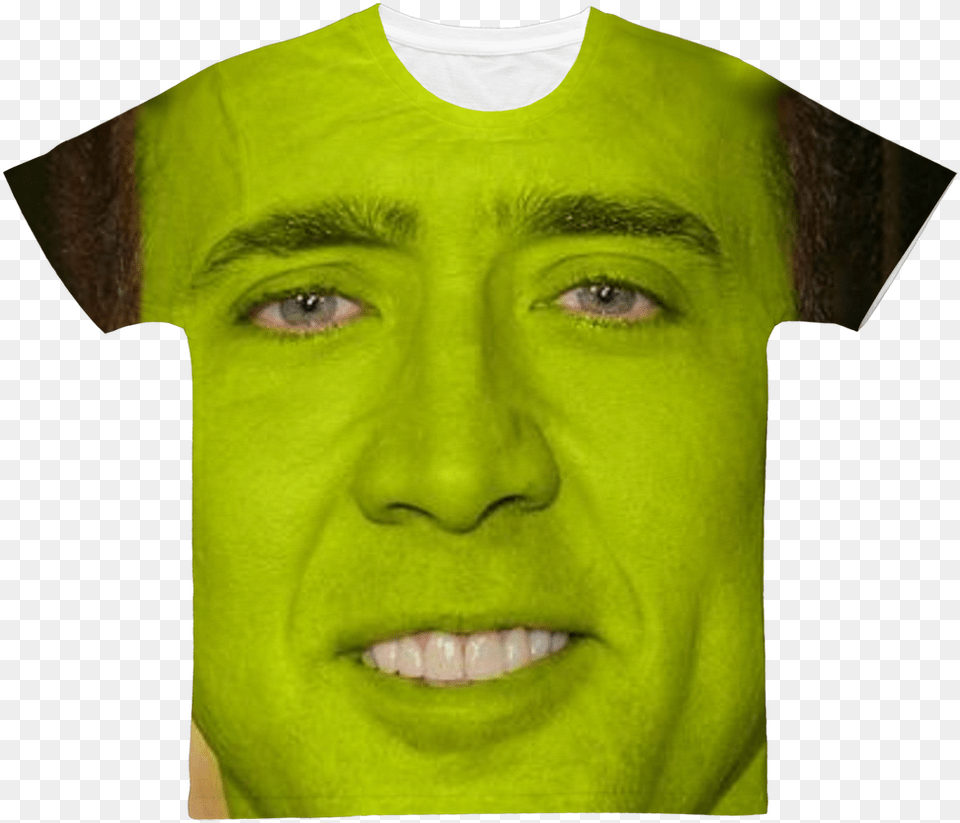 Nicolas Cage As Shrek Classic Sublimation Adult T Shirt, Clothing, Face, Head, Male Free Png
