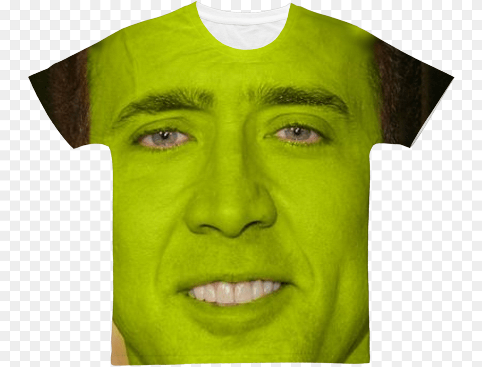 Nicolas Cage As Shrek Classic Sublimation Adult T Shirt Nicolas Cage, Clothing, Face, Head, Male Free Png Download
