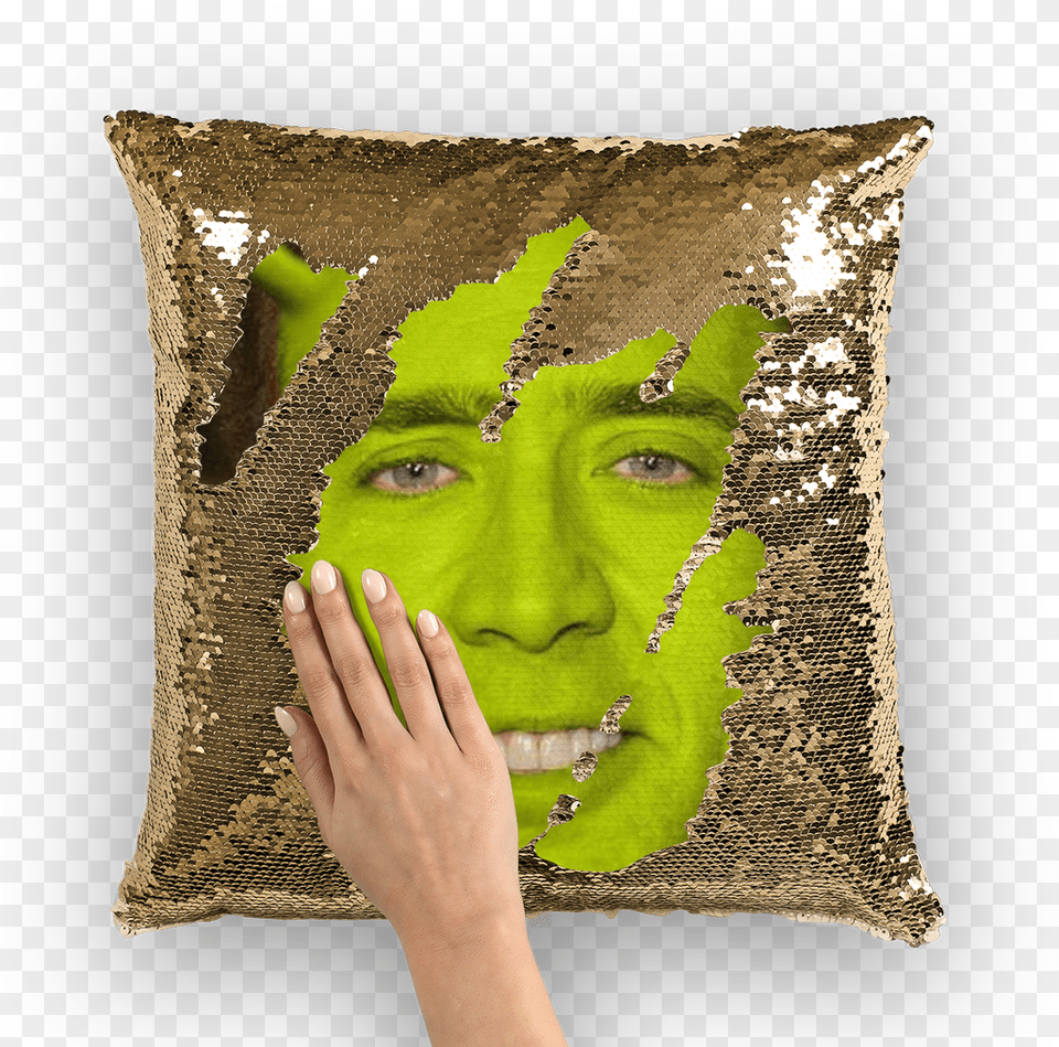 Nicolas Cage As Shrek Sequin Cushion Coverclass Nicolas Cage Shrek Pillow, Home Decor, Face, Head, Person Free Transparent Png