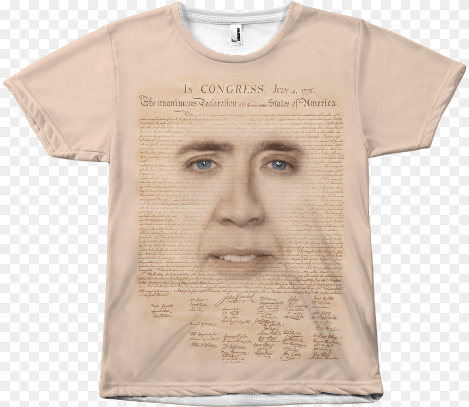 Nicolas Cage With Declaration Of Independence Shirt Nicolas Cage, Clothing, T-shirt, Head, Face Free Png