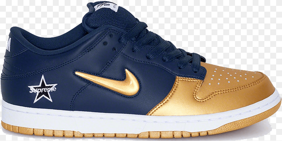 Nike Sb Dunk Low Supreme Jewel Swoosh Gold Nike Dunk Low Gold, Clothing, Footwear, Shoe, Sneaker Free Transparent Png