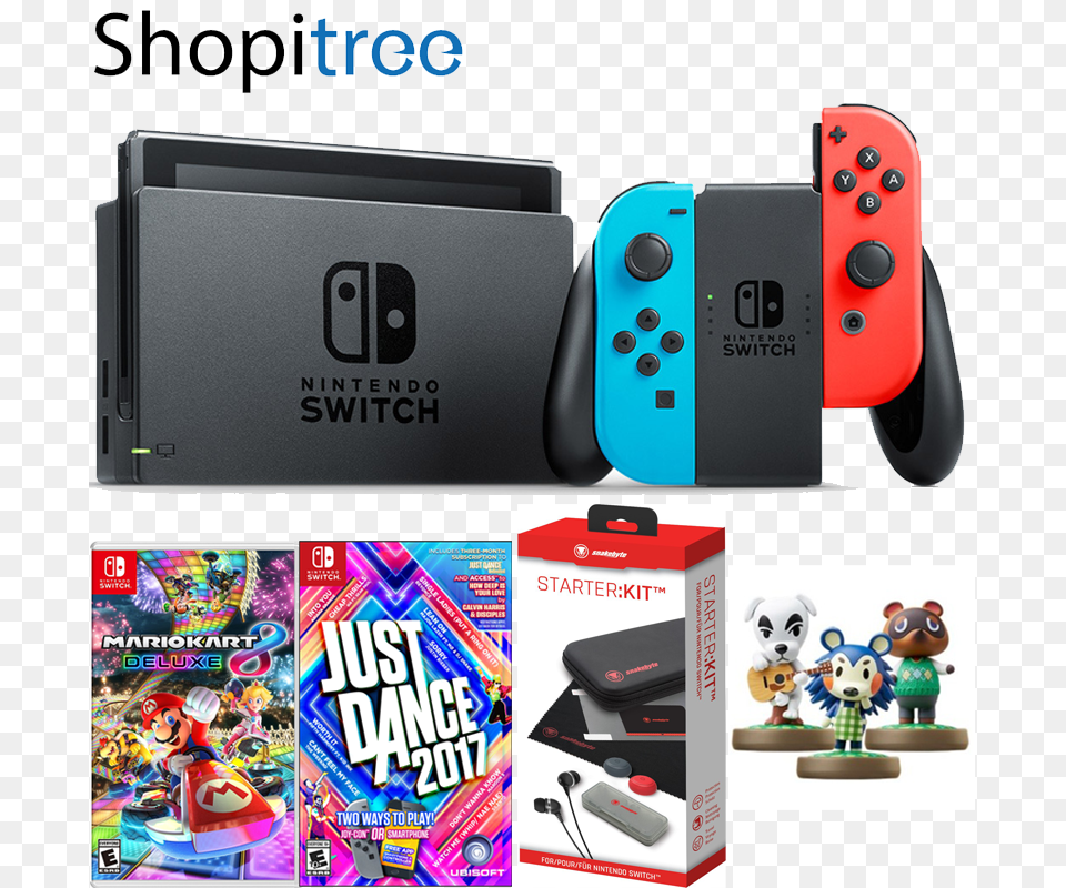 Nintendo Switch Console With Just Dance Mario Kart Deluxe, Machine, Wheel, Electronics, Person Free Png Download