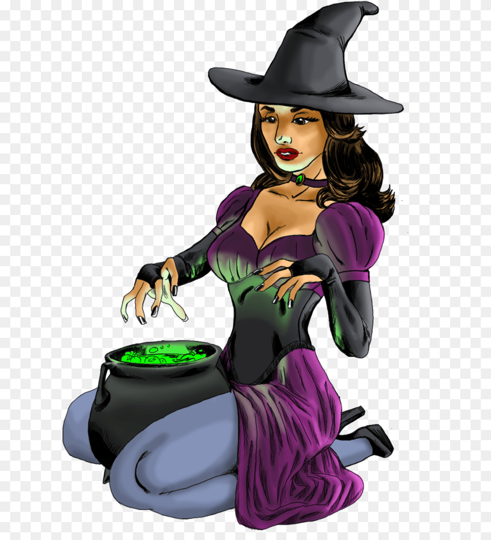No Broom But Love The Cauldron Sexy Witch With Cauldron, Adult, Publication, Person, Hat Png Image