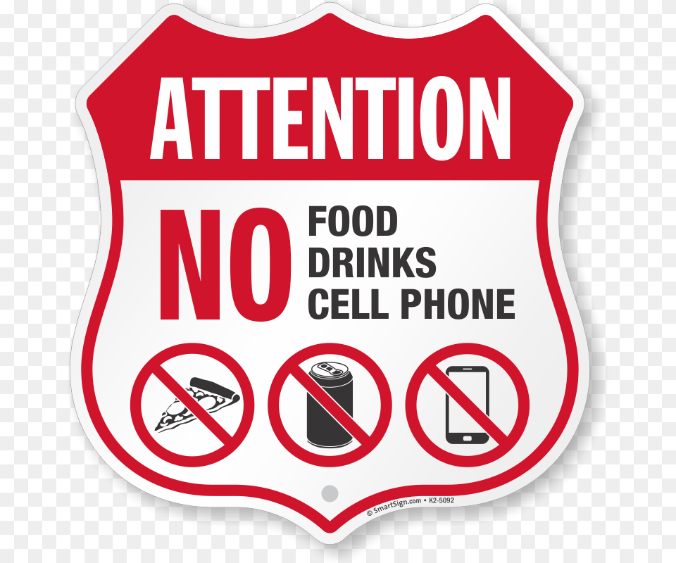 No Food No Drinks No Cell Phone Property Shield Sign, Symbol, Road Sign Png