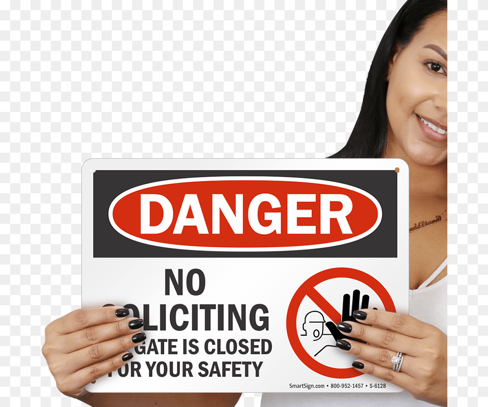 No Soliciting Gate Closed For Safety Sign Sign, Adult, Poster, Person, Woman Free Png