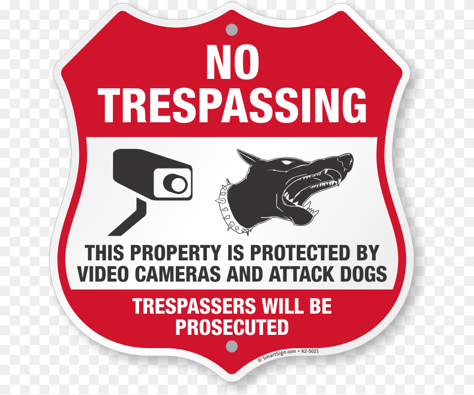 No Trespassing Video Cameras Attack Dogs Sign Shield Shape No Trespassing Sign With Camera, Advertisement, Poster, Symbol, Animal Free Png