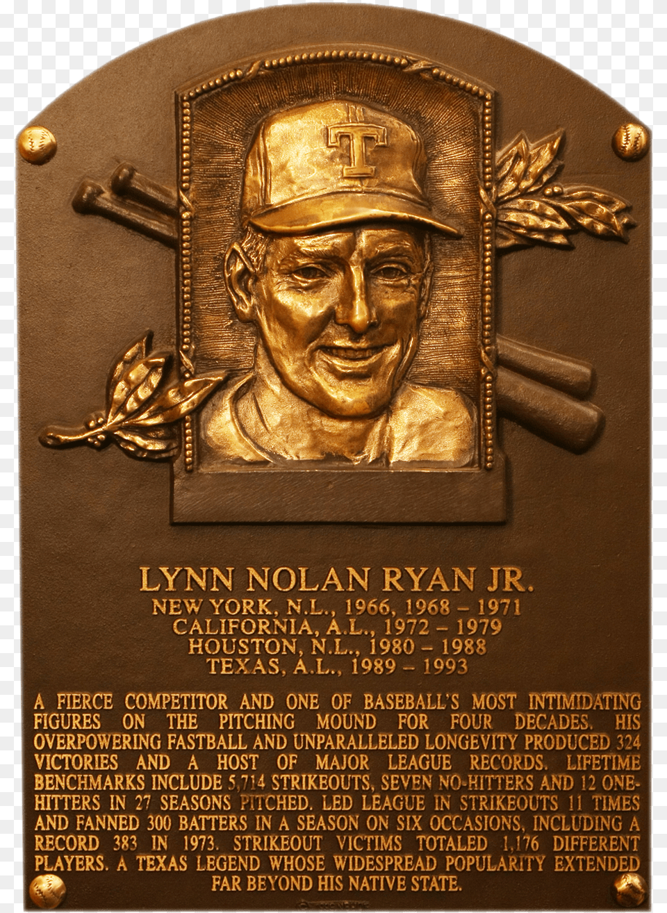 Nolan Ryan Hall Of Fame Plaque, Bronze, Adult, Face, Head Free Transparent Png