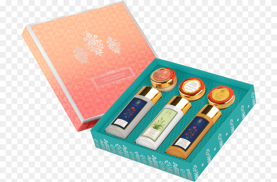 Noor Pure Indulgence Forest Essentials Gift Box, Bottle, Lotion, Tape, Cosmetics Png